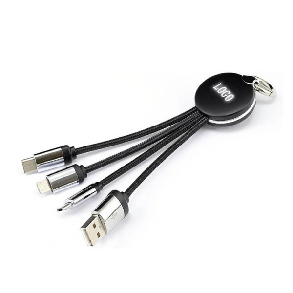 3-in-1 POWER CABLE WITH LED LOGO, USB FOR MICRO USB, LIGHTNING, USB TYPE-C