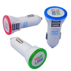DUAL USB CAR ADAPTER (2.1 A + 1 A) WITH A ROUND LED FRAME - Reklamnepredmety