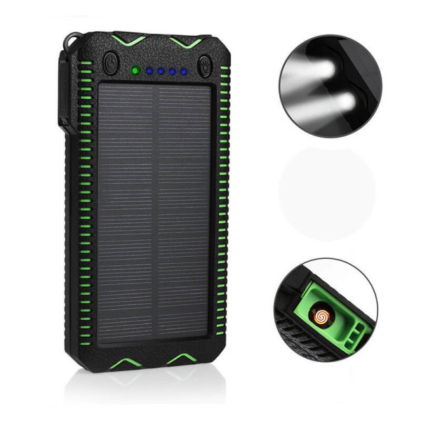 WATER RESISTANT SOLAR POWER BANK WITH TORCH AND LIGHTER, 12000 mAh