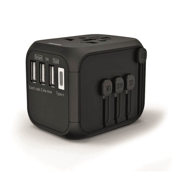 UNIVERSAL TRAVEL ADAPTER WITH 3 USB AND TYPE-C PORTS