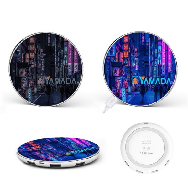 SLIM WIRELESS 10 W FAST-CHARGING PAD AND CHARGING HUB WITH CMYK + LED LOGO