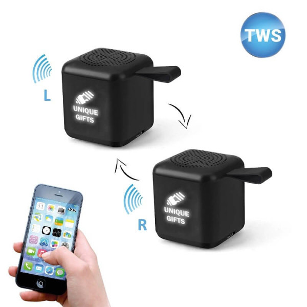 SET OF 2 MINI CUBE BLUETOOTH SPEAKERS WITH TWS FUNCTION AND LED LOGO