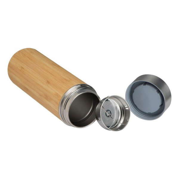 Stainless steel mug with tea strainer in bamboo look 350ml