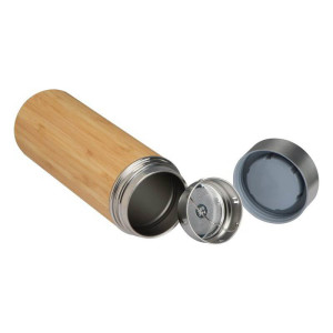 Stainless steel mug with tea strainer in bamboo look 350ml - Reklamnepredmety