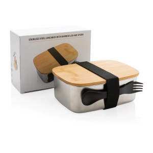 Stainless steel lunchbox with bamboo lid and spork - Reklamnepredmety