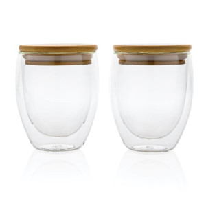 Double wall borosilicate glass with bamboo lid 250ml 2pc set - Reklamnepredmety