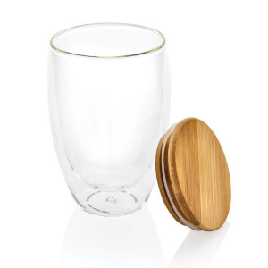 Double wall borosilicate glass with bamboo lid 350ml - Reklamnepredmety