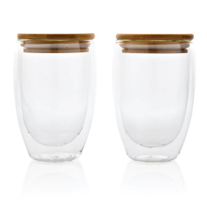 Double wall borosilicate glass with bamboo lid 350ml 2pc set - Reklamnepredmety