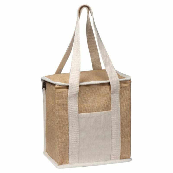 Jute cooler bag with long handles.