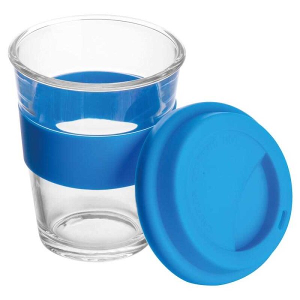 Glass mug with silicon sleeve and lid