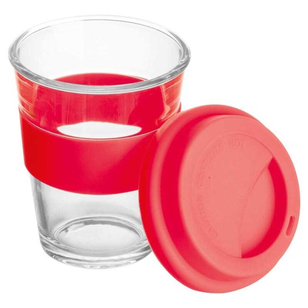 Glass mug with silicon sleeve and lid