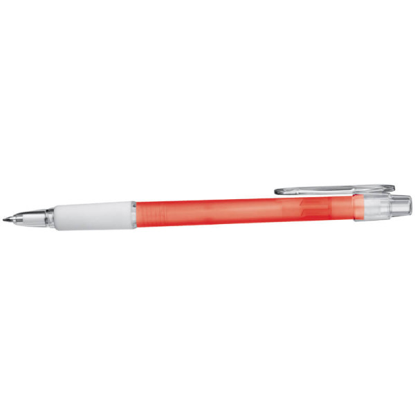 Frosted ball pen with rubber grip.