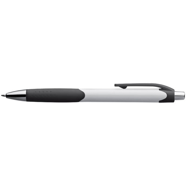 Plastic ball pen with a white shaft and rubber grip zone