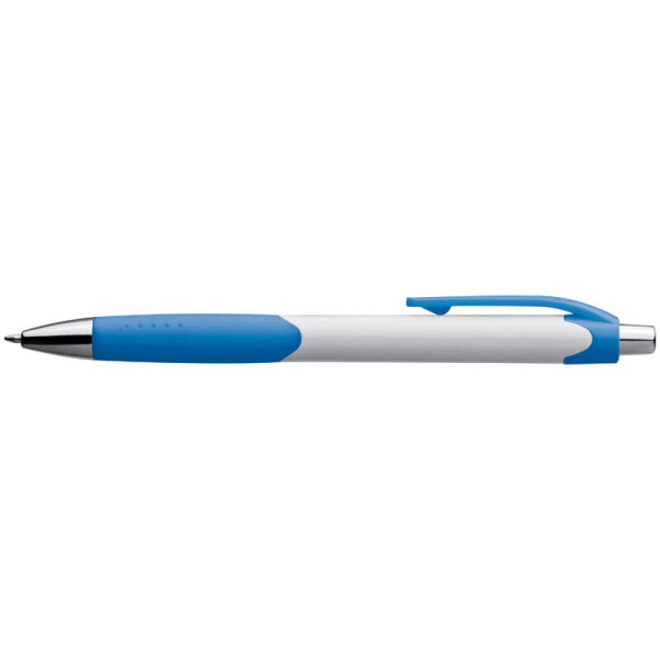 Plastic ball pen with a white shaft and rubber grip zone