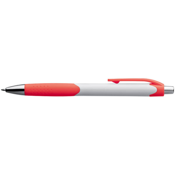 Plastic ball pen with a white shaft and rubber grip zone