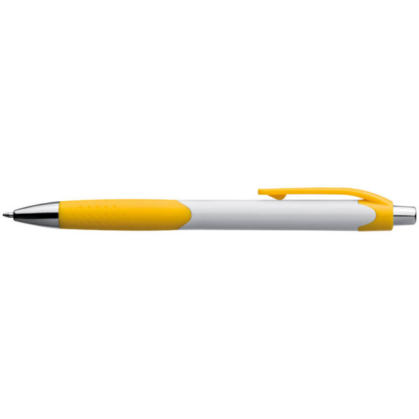 Plastic ball pen with a white shaft and rubber grip zone