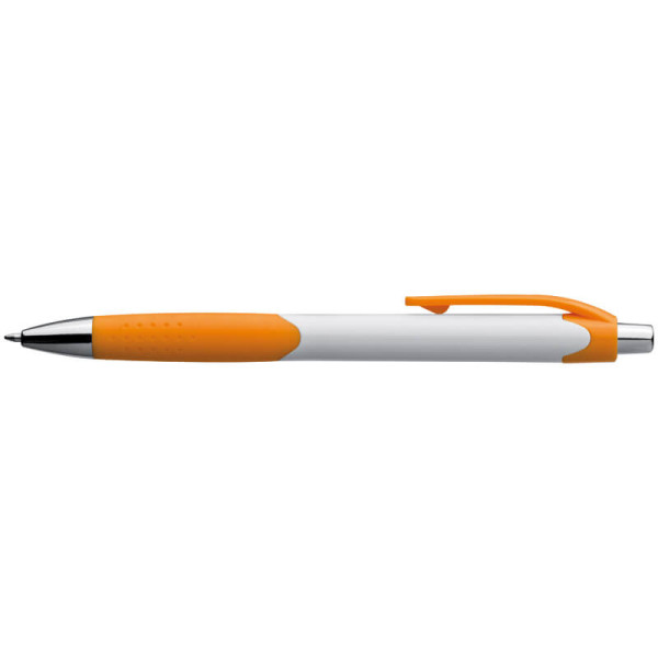 Plastic ball pen with a white shaft and rubber grip zone