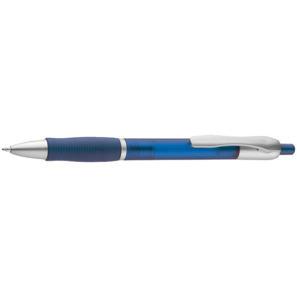 Frosted plastic ball pen with grooved rubber grip zone