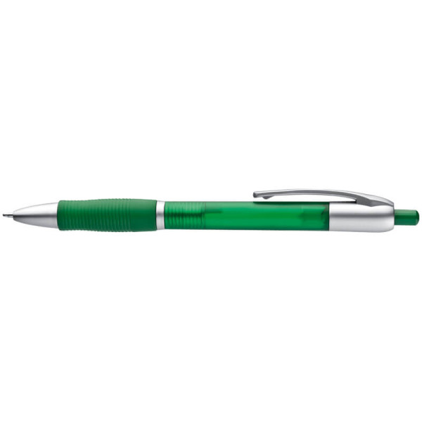 Frosted plastic ball pen with grooved rubber grip zone