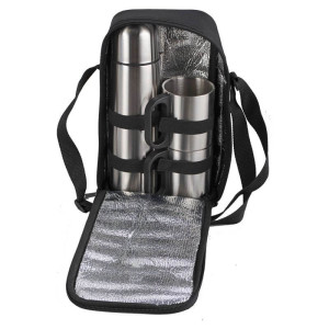 HAPPY OUTING thermos set and 2 thermo cups in shoulder bag,  silver/black - Reklamnepredmety