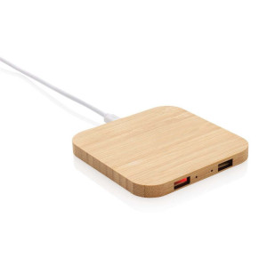 FSC® bamboo 10W wireless charger with USB - Reklamnepredmety