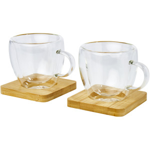 Manti 2-piece 100 ml double-wall glass cup with bamboo coaster - Reklamnepredmety