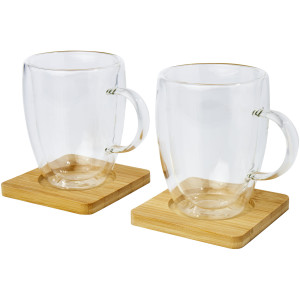 Manti 2-piece 350 ml double-wall glass cup with bamboo coaster - Reklamnepredmety