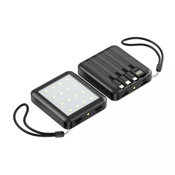 POWER BANKA S VESTAVĚNÝMI KABELY, LED SVÍTILNOU A KEMPINGOVOU LED LAMPOU, 10000 MAH