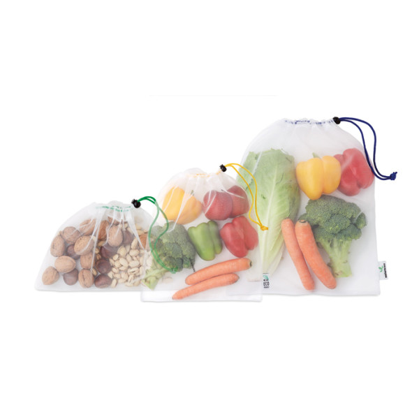 3-dielna súprava RPET sieťovaných tašiek na potraviny s vlastnou etiketou