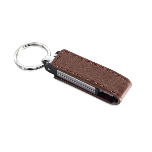 Articulated metal USB stick with key ring and leather cover