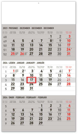 Nástenný kalendár 3-mesačný štandard šedý – s českými menami CZ 2024, 29,5 × 43 cm - Reklamnepredmety