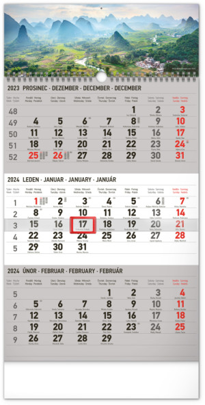 Nástenný kalendár 3-mesačný Krajina šedý – s českými menami CZ 2024, 29,5 × 43 cm - Reklamnepredmety