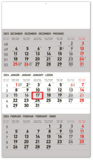 Nástenný kalendár 3-mesačný štandard šedý – so slovenskými menami 2024, 29,5 × 43 cm - Reklamnepredmety