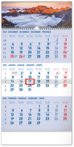 Nástenný kalendár 3-mesačný Tatry modrý – so slovenskými menami 2024, 29,5 × 43 cm - Reklamnepredmety