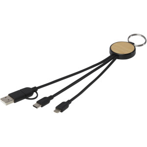 6-in-1 recycled plastic/bamboo charging cable with Tecta key ring - Reklamnepredmety
