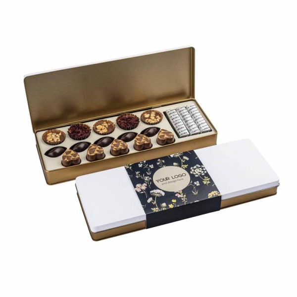 Premium pralines in a tin box