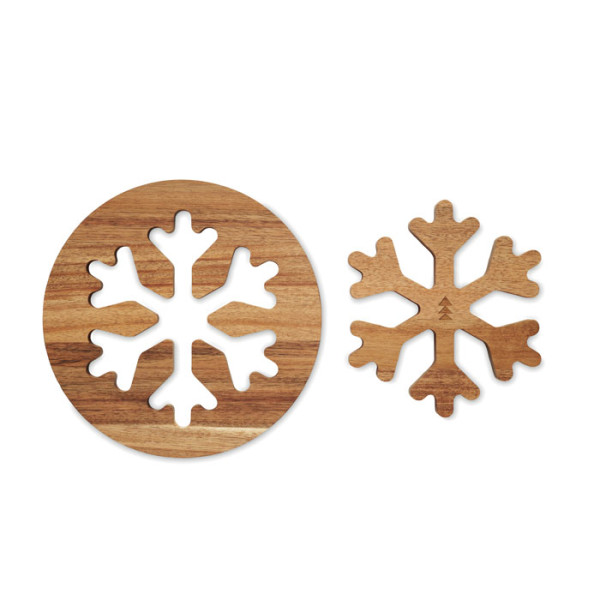 Set of 2 acacia wood coasters in the shape of a flake