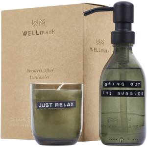 Wellmark Discovery hand soap dispenser 200ml and 150g set of scented candles - with dark amber scent - Reklamnepredmety
