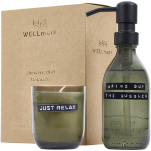 Wellmark Discovery hand soap dispenser 200ml and 150g set of scented candles - with dark amber scent