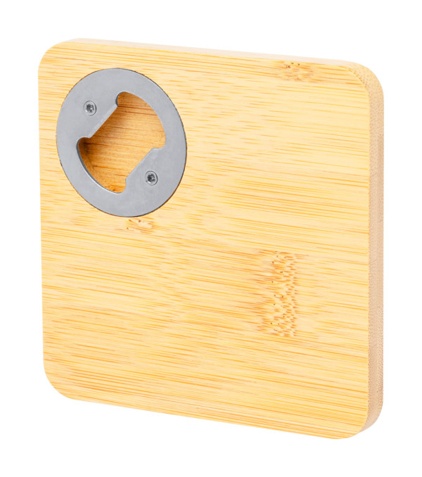 Bamboo coaster with bottle opener.