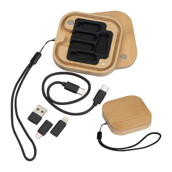 Cable and adapter set in a bamboo box