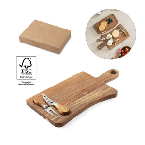 CASSIA. Acacia wood cheese board with two cutlery - Reklamnepredmety
