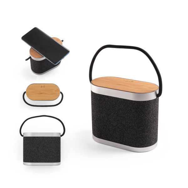 GUETTA. 5W portable speaker with super fast 15W wireless charger and 2h battery life made of bamboo and 100% rPET