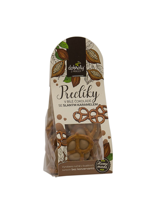 Salted pretzels in white chocolate with salted caramel