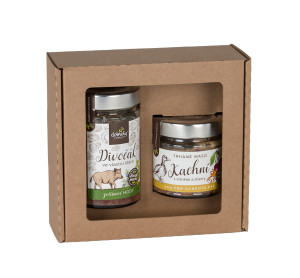 Gift set of wild boar in its own juice and shredded duck meat with cherries and Sherry - Reklamnepredmety