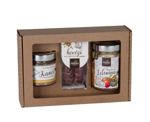 Gift set of pickled vegetables, beef sausage with spices and minced venison with red wine - Reklamnepredmety