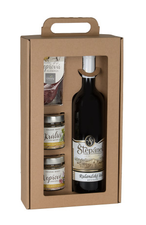Gift set of Pinot Gris white wine, pork sausage with parmesan, pulled rabbit with tarragon and pulled pork with pancetta - Reklamnepredmety