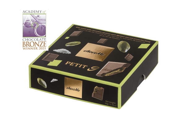 Mini milk chocolate squares filled with pistachio cream with Maldon flaked salt