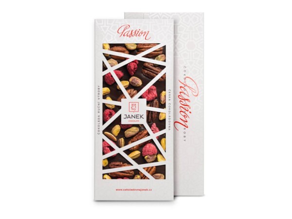 72% dark chocolate Passion with raspberries, pistachios and pecans