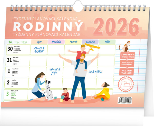 NOTIQUE Weekly family planning calendar with hook CZ/SK 2026, 30 x 21 cm